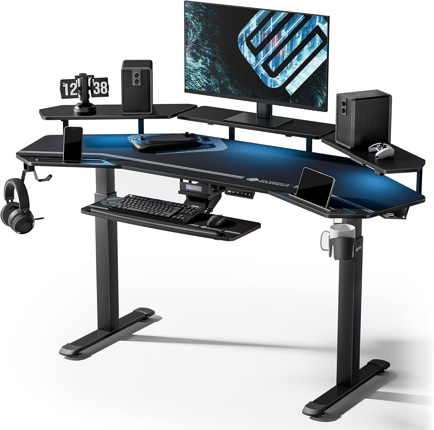 72" Winged Music Production & Gaming Desk – Sit-Stand Studio Table with LED Shelves, Ergonomic Keyboard Tray, and Built-in Device Slots
