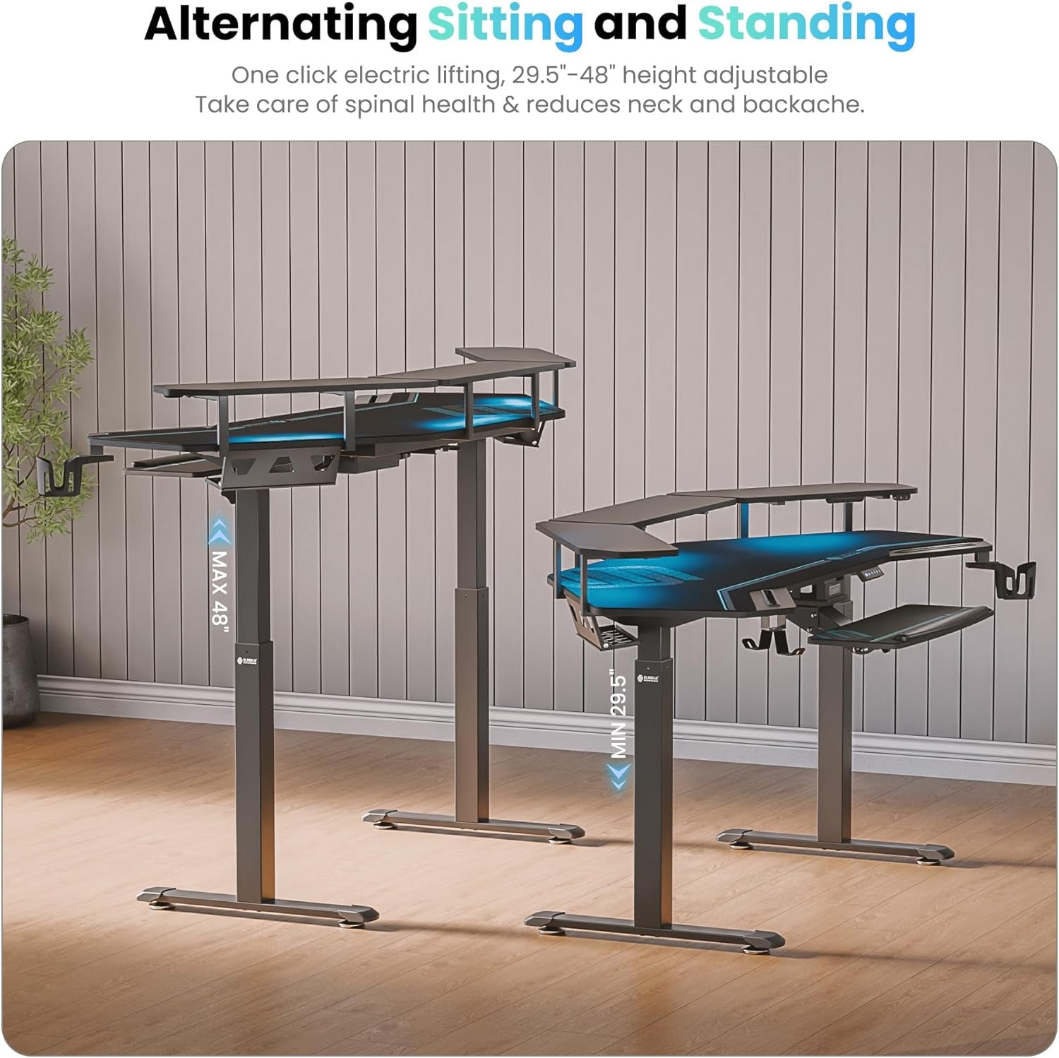 72" Winged Music Production & Gaming Desk – Sit-Stand Studio Table with LED Shelves, Ergonomic Keyboard Tray, and Built-in Device Slots