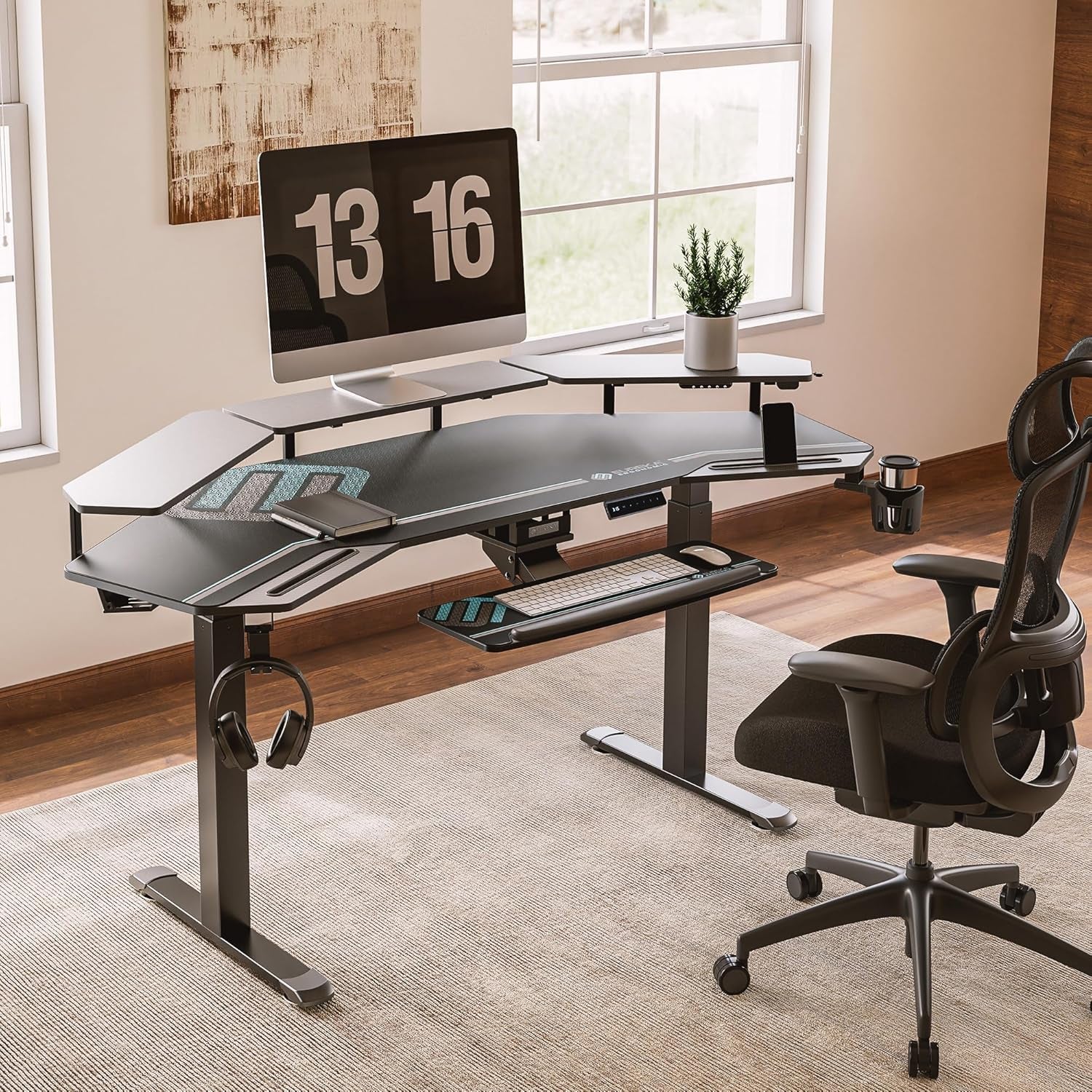 72" Winged Music Production & Gaming Desk – Sit-Stand Studio Table with LED Shelves, Ergonomic Keyboard Tray, and Built-in Device Slots