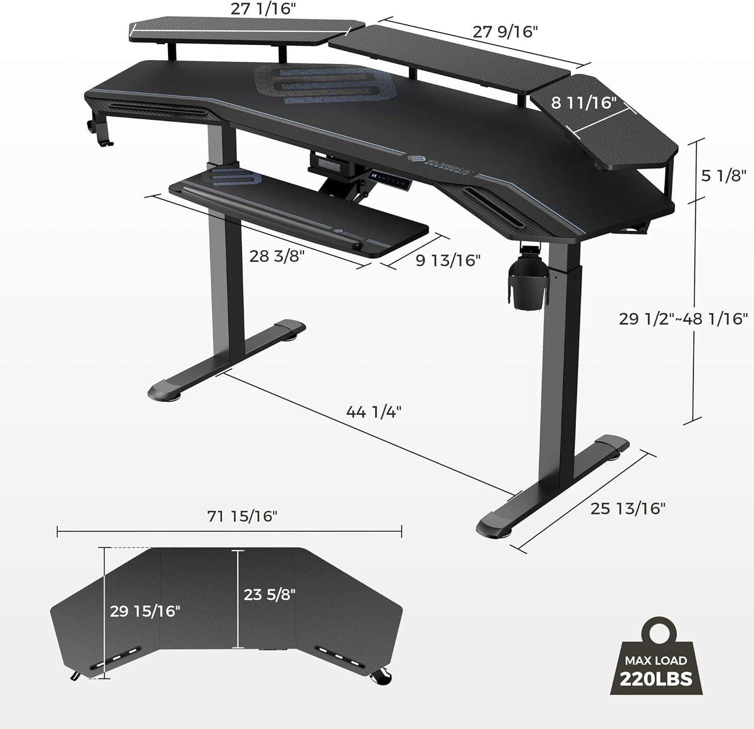 72" Winged Music Production & Gaming Desk – Sit-Stand Studio Table with LED Shelves, Ergonomic Keyboard Tray, and Built-in Device Slots